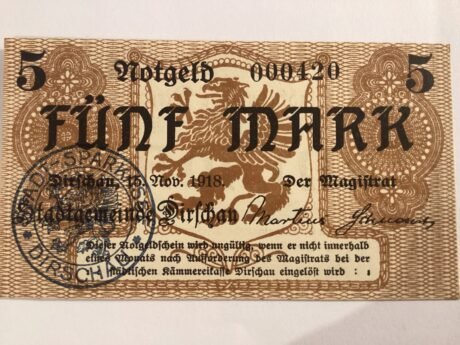 Аверс банкноты 5 marek dirschau (Niemcy) 1918