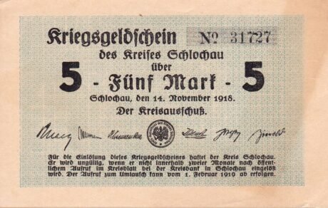 Аверс банкноты 5 znaczków Kreis Schlochau (Niemcy) 1918