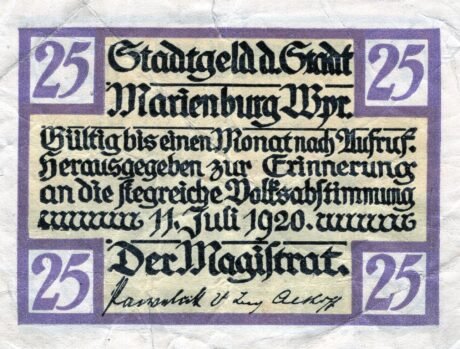 Аверс банкноты 25 fenigów (Niemcy) 1920