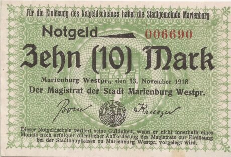Аверс банкноты 10 marek (Niemcy) 1918