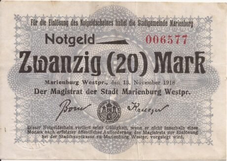 Аверс банкноты 20 marek (Niemcy) 1918