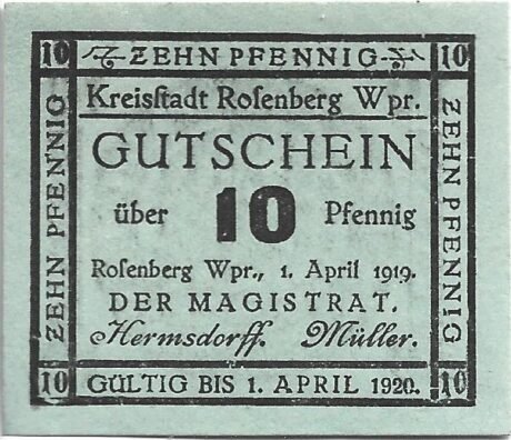 Аверс банкноты 10 fenigów (Niemcy) 1919