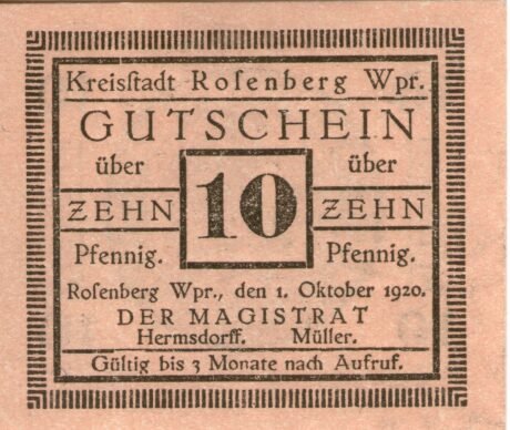 Аверс банкноты 10 fenigów (Niemcy) 1920