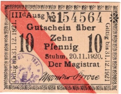 Аверс банкноты 10 fenigów (Niemcy) 1920