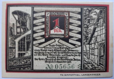 Аверс банкноты 1 маркаLandkreis Bochum (Германия) 1921 года