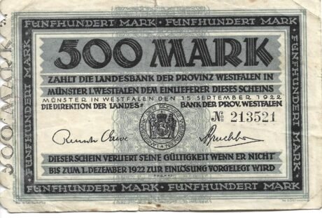 Аверс банкноты 500 марок Landesbank der Provinz Westfalen (Германия) 1923 года