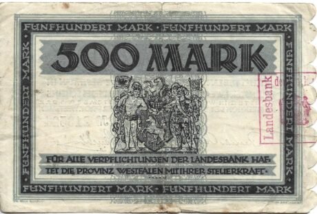 Реверс банкноты 500 марок Landesbank der Provinz Westfalen (Германия) 1923 года