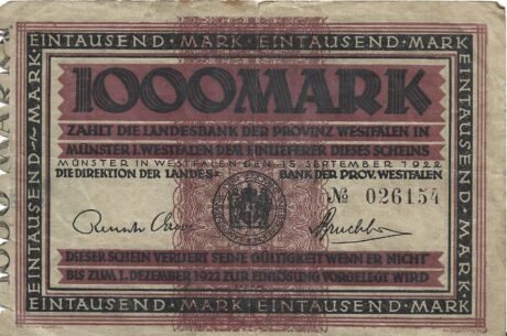 Аверс банкноты 1000 marek Landesbank der Provinz Westfalen (Niemcy) 1923