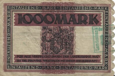 Реверс банкноты 1000 marek Landesbank der Provinz Westfalen (Niemcy) 1923