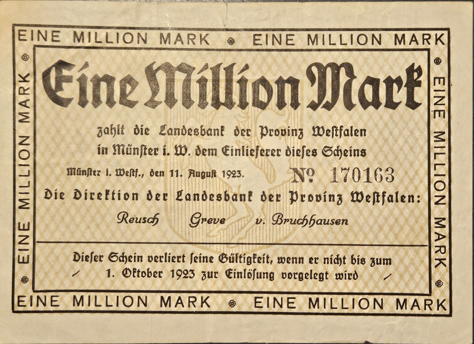 Аверс банкноты 1000000 марок Landesbank der Provinz Westfalen (Германия) 1923 года