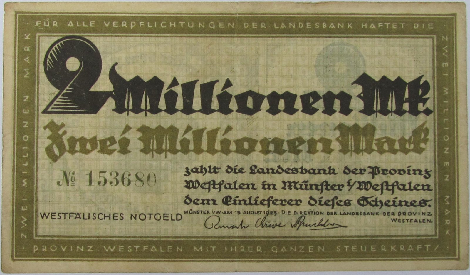 Аверс банкноты 2000000 марок Landesbank der Provinz Westfalen (Германия) 1923 года