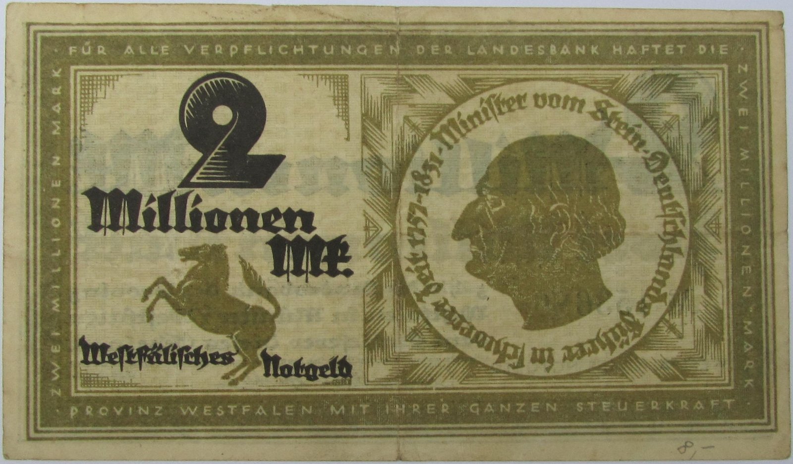 Реверс банкноты 2000000 марок Landesbank der Provinz Westfalen (Германия) 1923 года