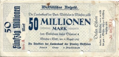 Аверс банкноты 50000000 марок Landesbank der Provinz Westfalen (Германия) 1923 года