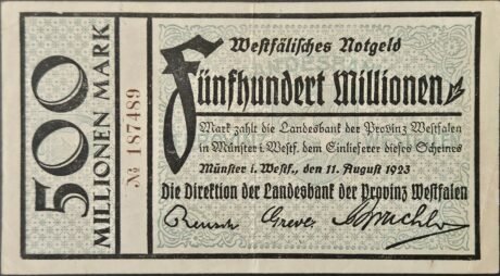 Аверс банкноты 500 000 000 marek Landesbank der Provinz Westfalen (Niemcy) z 1923 r.
