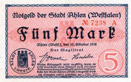 Аверс банкноты 5 marek (Niemcy) 1918