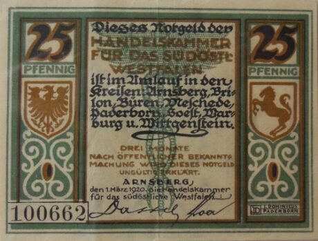 Аверс банкноты 25 fenigów Handelskammer für das südöstliche Westfalen (Niemcy) 1920