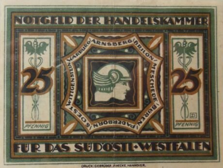 Реверс банкноты 25 fenigów Handelskammer für das südöstliche Westfalen (Niemcy) 1920