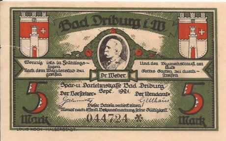 Аверс банкноты 5 marek Spar- und Darlehnskasse (Niemcy) 1921