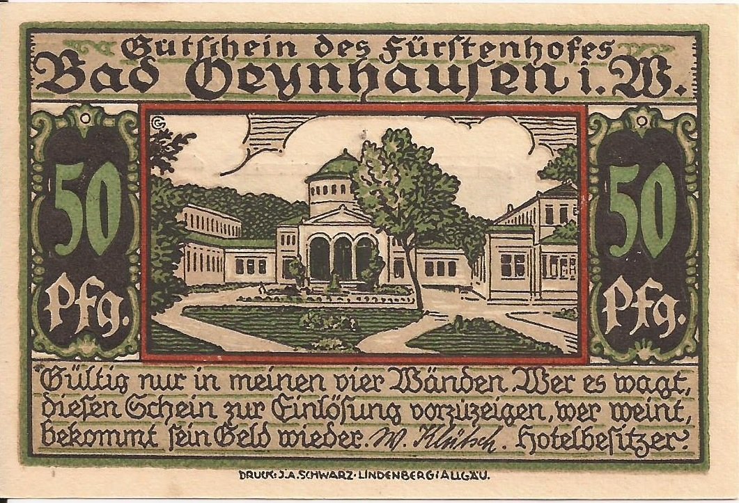 Аверс банкноты 50 пфеннигов Fürstenhof (Германия)