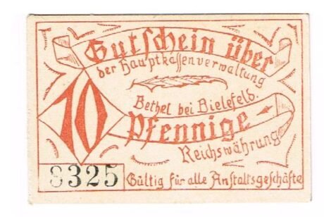 Аверс банкноты 10 Pfennige przeciwko Bodelschwinghsche Anstalten Bethel (Niemcy)