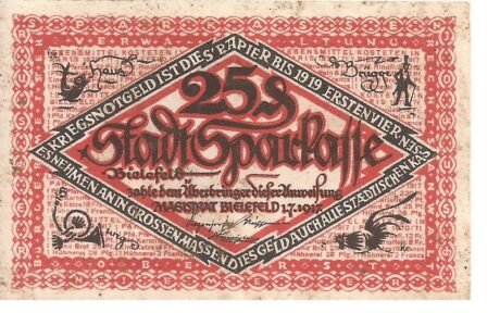 Аверс банкноты 25 fenigów Stadtsparkasse (Niemcy) 1917