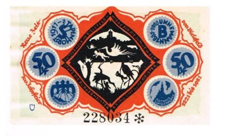 Реверс банкноты 50 fenigów Stadtsparkasse; Ü (Niemcy) 1921