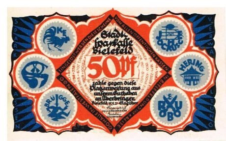 Аверс банкноты 50 fenigów Stadtsparkasse; N (Niemcy) 1921