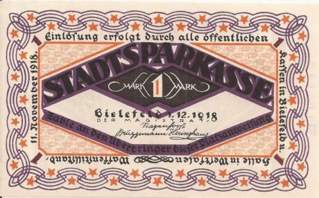 Аверс банкноты 1 Mark Stadtsparkasse (Niemcy) 1918