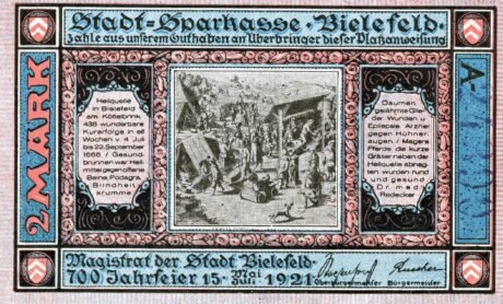 Аверс банкноты 2 znaki Stadt-Sparkasse (Niemcy) 1921