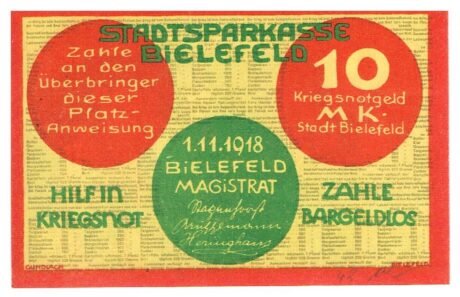 Аверс банкноты 10 marek (Niemcy) 1918