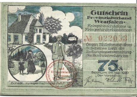 Аверс банкноты 75 пфеннигов Provinzialverband Westfalen Kriegsbeschädigter und Kriegerhinterbliebener (Германия) 1920 года