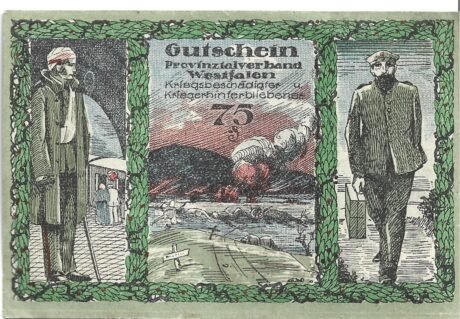 Реверс банкноты 75 пфеннигов Provinzialverband Westfalen Kriegsbeschädigter und Kriegerhinterbliebener (Германия) 1920 года