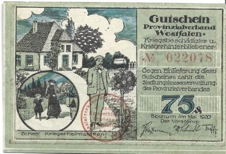 Аверс банкноты 75 пфеннигов Provinzialverband Westfalen Kriegsbeschädigter und Kriegerhinterbliebener (Германия) 1920 года