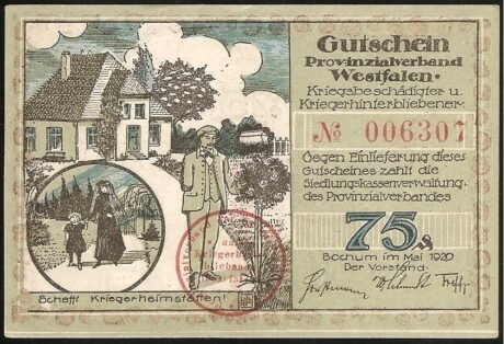 Аверс банкноты 75 пфеннигов Provinzialverband Westfalen Kriegsbeschädigter und Kriegerhinterbliebener (Германия) 1920 года