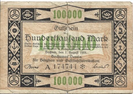 Аверс банкноты 100000 marek Deutsch-Luxemburgische Bergwerks- und Hütten-AG (Niemcy) 1923