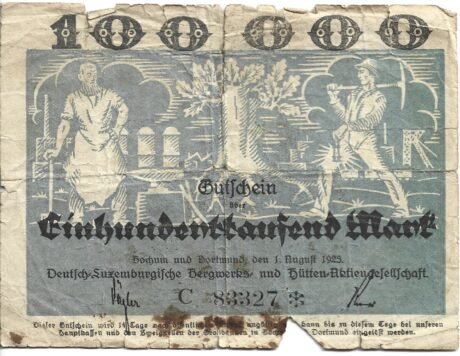 Аверс банкноты 100000 marek Deutsch-Luxemburgische Bergwerks- und Hütten-AG (Niemcy) 1923
