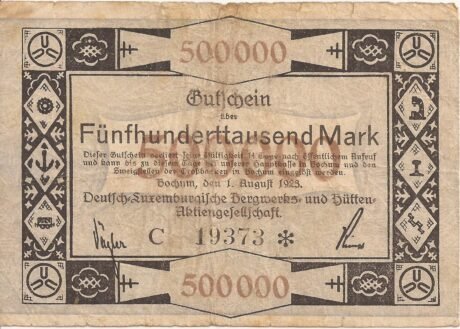 Аверс банкноты 500000 marek Deutsch-Luxemburgische Bergwerks- und Hütten-AG (Niemcy) 1923