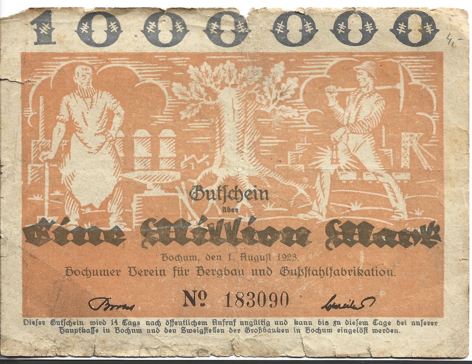 Аверс банкноты 1000000 марок Bochumer Verein für Bergbau und Gußstahlfabrikation (Германия) 1923 года