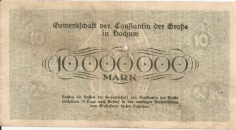 Реверс банкноты 10000000 marek Gewerkschaft ver. Constantin der Große (Niemcy) 1923