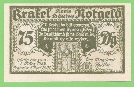 Аверс банкноты 75 пфеннигов (Германия) 1921 года