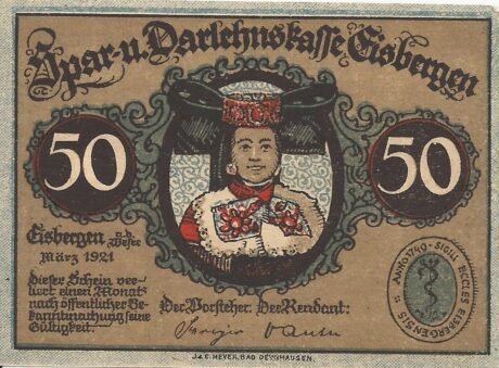 Аверс банкноты 50 fenigów Spar- und Darlehnskasse (Niemcy) 1921