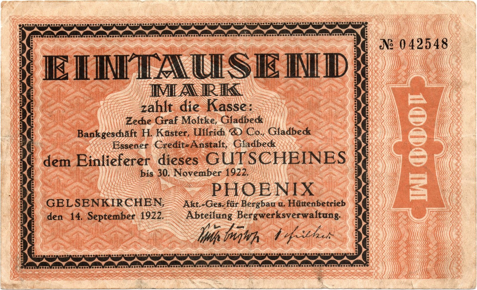 Аверс банкноты 1000 марок Phoenix Aktien-Gesellschaft für Bergbau und Hüttenbetrieb (Германия) 1922 года