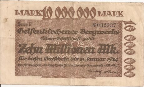 Аверс банкноты 10000000 marek Gelsenkirchener Bergwerks-Aktien-Gesellschaft (Niemcy) 1923