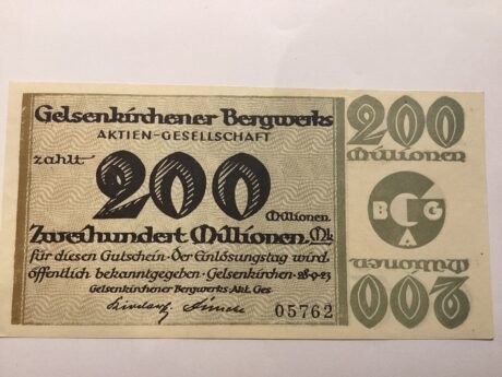 Аверс банкноты 200 000 000 marek Gelsenkirchener Bergwerks-Aktien-Gesellschaft (Niemcy) 1923