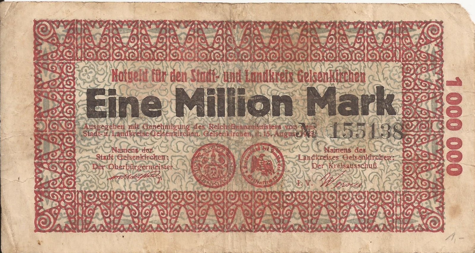 Аверс банкноты 1000000 марок (Германия) 1923 года