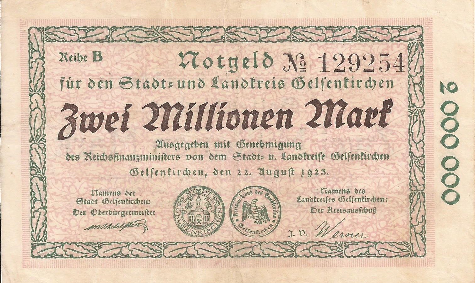 Аверс банкноты 2000000 марок (Германия) 1923 года