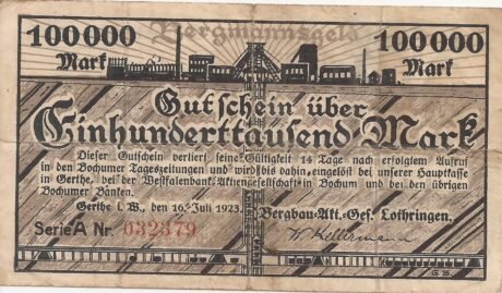 Аверс банкноты 100000 marek Bergbau-Aktien-Gesellschaft Lothringen (Niemcy) 1923