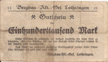 Реверс банкноты 100000 marek Bergbau-Aktien-Gesellschaft Lothringen (Niemcy) 1923