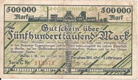 Аверс банкноты 500000 marek Bergbau-Aktien-Gesellschaft Lothringen (Niemcy) 1923