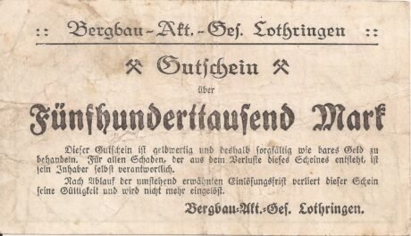 Реверс банкноты 500000 marek Bergbau-Aktien-Gesellschaft Lothringen (Niemcy) 1923